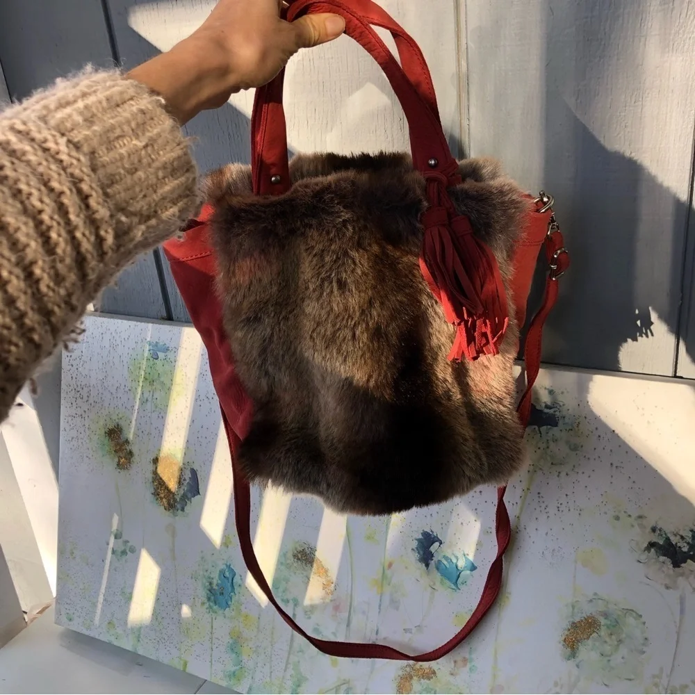 MISS ALBRIGHT Womens Crossbody Cow Leather Bag Salmon Red with Fur Fringe Detail